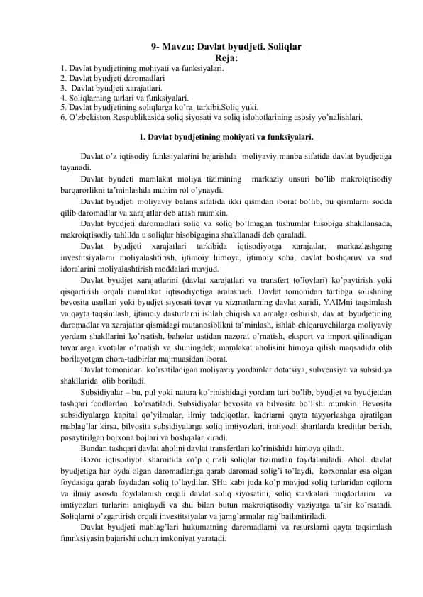 Davlat byudjeti va Soliqlar