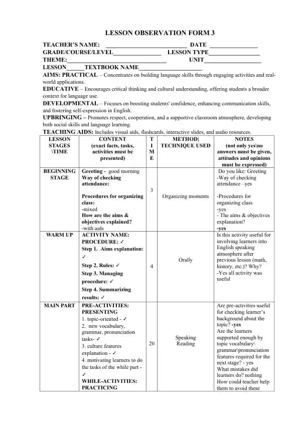 Lesson Observation Form 3