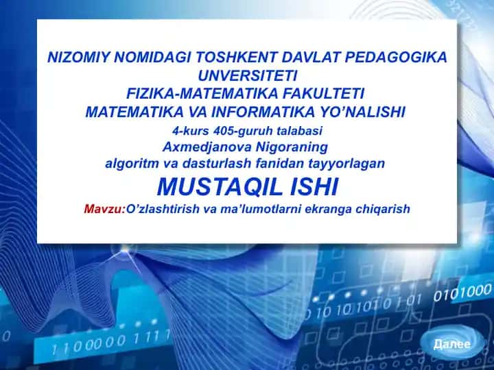 Algoritm va dasturlash fanidan mustaqil ishim