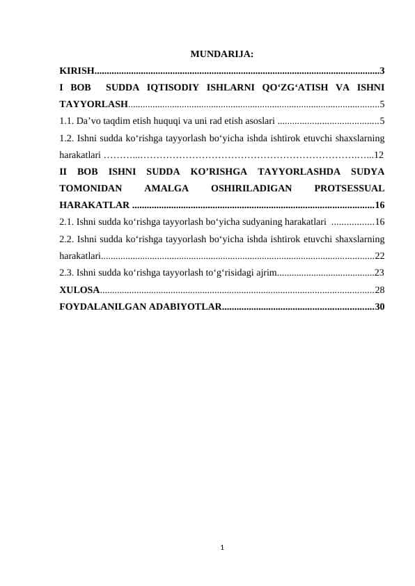ishni sudda kòrishga tayyorlashda sudya tomonidan amalga oshiriladigan protsessual harakatlar