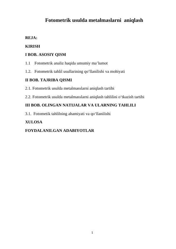 Fotometrik usulda metalmaslarni aniqlash