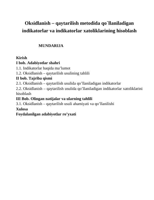 Oksidlanish – qaytarilish metodida qo`llaniladigan indikatorlar va indikatorlar xatoliklarining hisoblash