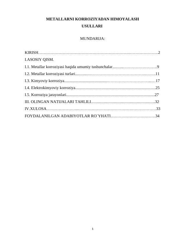 METALLARNI KORROZIYADAN HIMOYALASH USULLARI kurs ishi