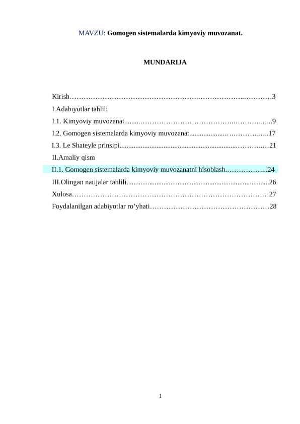 Gomogen sistemalarda kimyoviy muvozanat kurs ishi