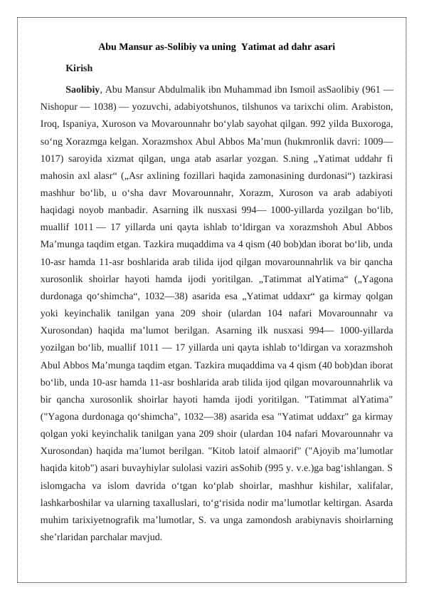 Abu Mansur as-Solibiy va uning Yatimat ad dahr asari 24