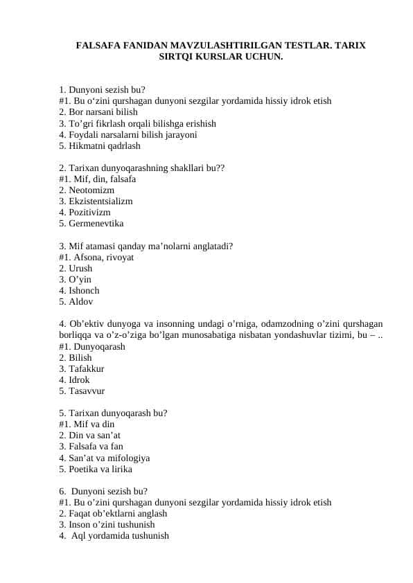 FALSAFA FANIDAN MAVZULASHTIRILGAN TESTLAR. TARIX SIRTQI KURSLAR UCHUN.