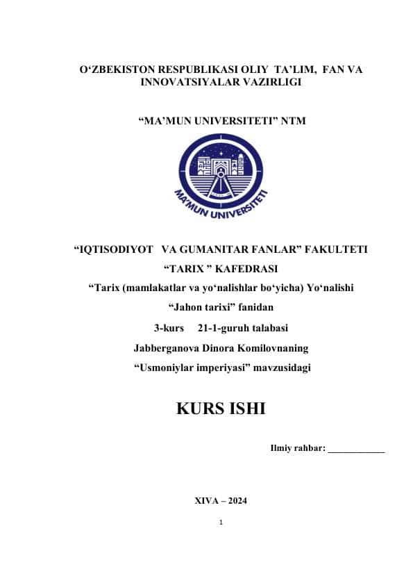 Usmoniylar imperiyasi kurs ishi