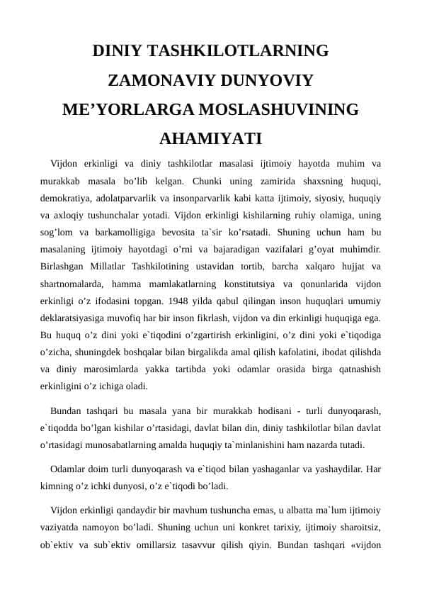 DINIY TASHKILOTLARNING ZAMONAVIY DUNYOVIY MEʼYORLARGA MOSLASHUVINING AHAMIYATI