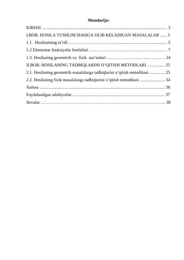 Hosilaning tadbiqlarini o'rgatish metodikasi kurs ishi