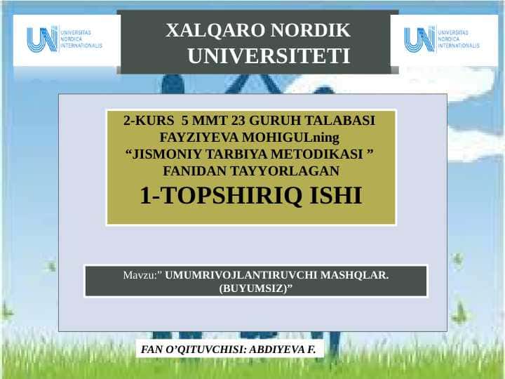 :” UMUMRIVOJLANTIRUVCHI MASHQLAR.(BUYUMSIZ)