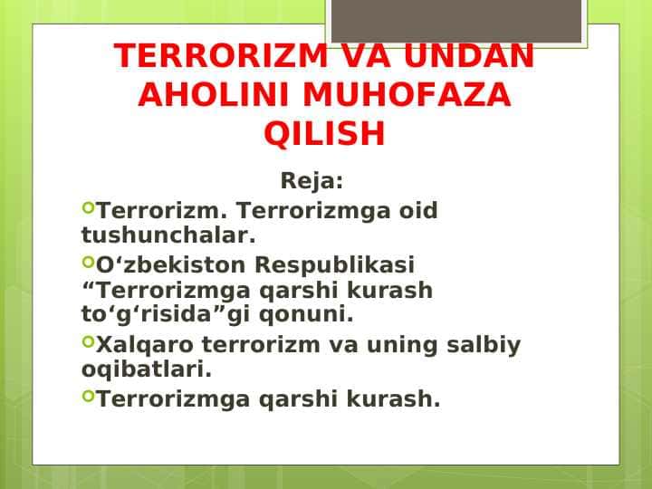 TERRORIZM VA UNDAN AHOLINI MUHOFAZA QILISH