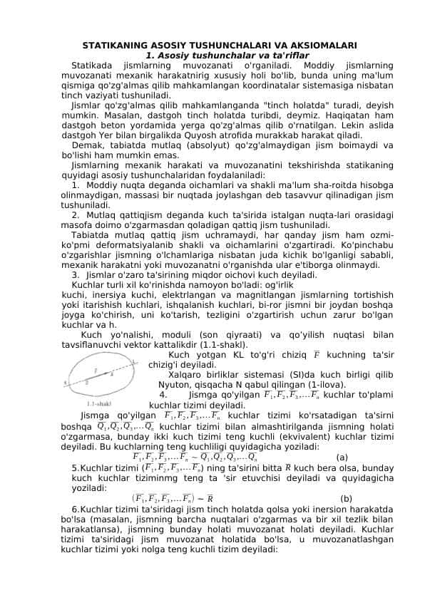 STATIKANING ASOSIY TUSHUNCHALARI VA AKSIOMALARI