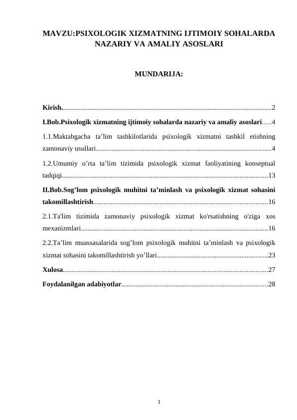 PSIXOLOGIK XIZMATNING IJTIMOIY SOHALARDA NAZARIY VA AMALIY ASOSLARI