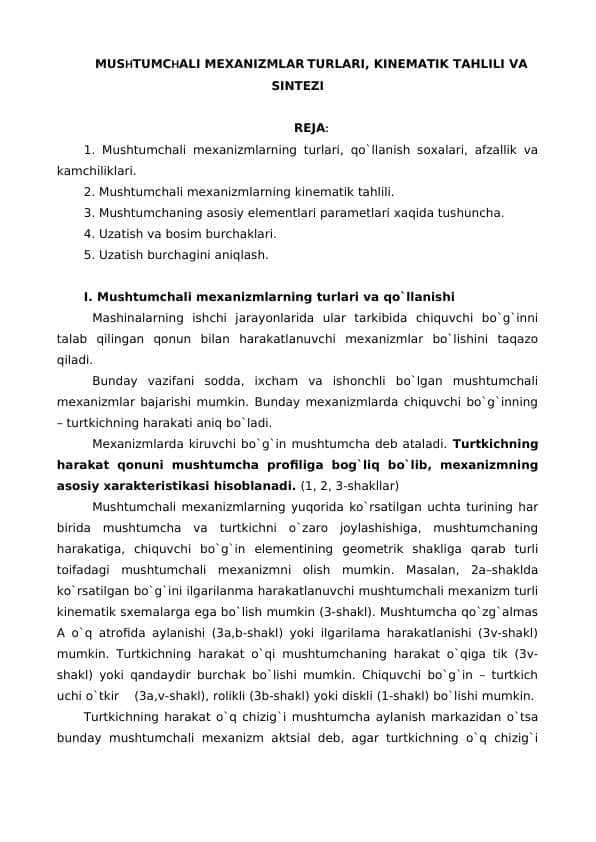 MUSHTUMCHALI MEXANIZMLAR TURLARI, KINEMATIK TAHLILI VA SINTEZI