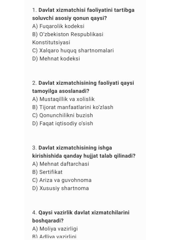 Davlat xizmatchisi 30ta test
