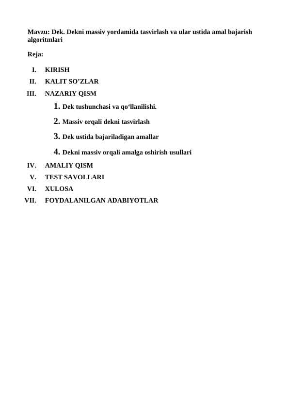 Dek. Dekni massiv yordamida tasvirlash va ular ustida amal bajarish algoritmlari