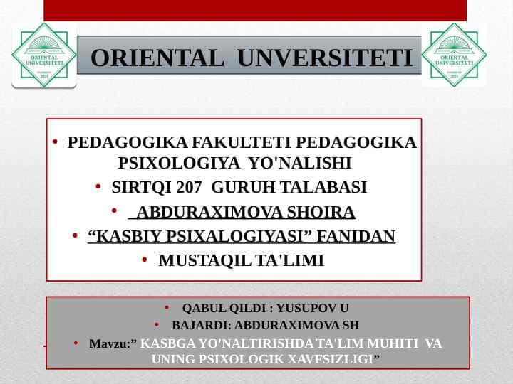 KASBGA YO'NALTIRISHDA TA'LIM MUHITI VA UNING PSIXOLOGIK XAVFSIZLIGI