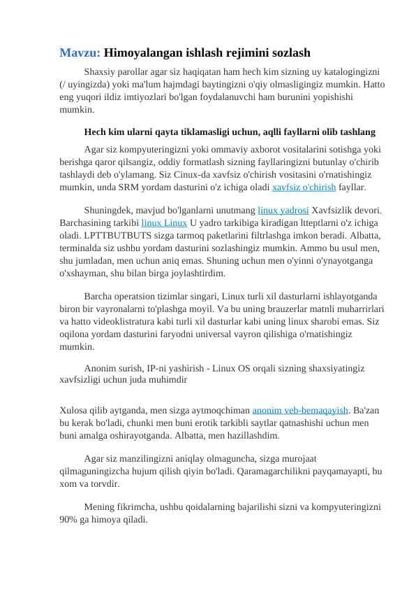 Himoyalangan ishlash rejimini sozlash