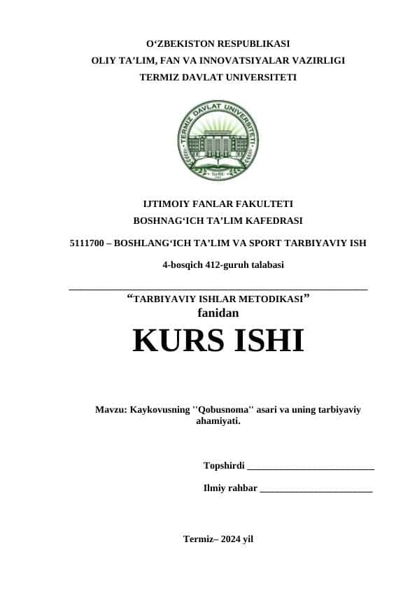 Kaykovusning ''Qobusnoma'' asari va uning tarbiyaviy ahamiyati
