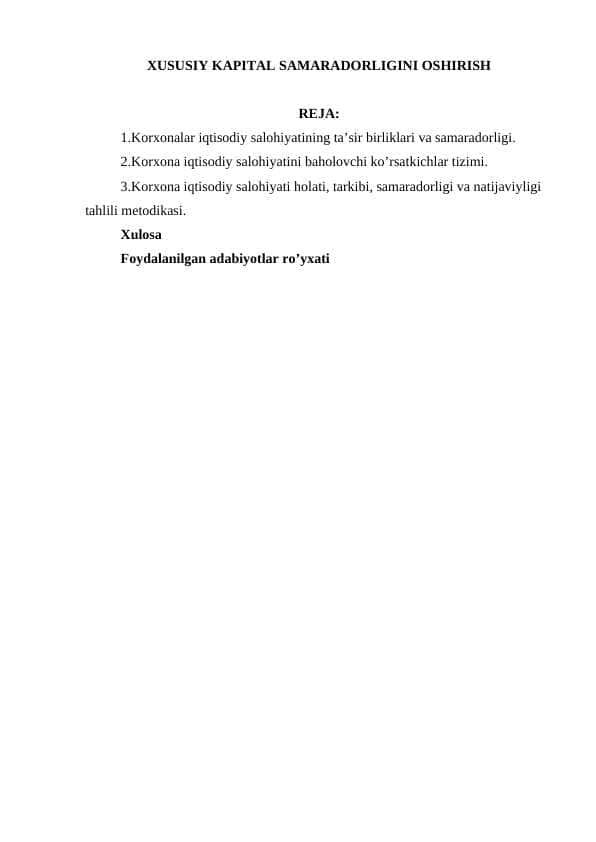 XUSUSIY KAPITAL SAMARADORLIGINI OSHIRISH