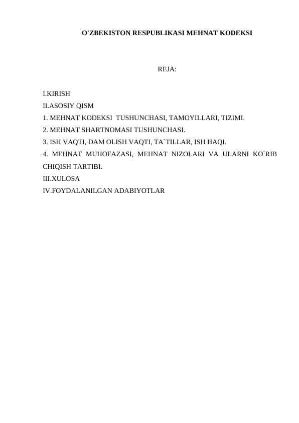 O'ZBEKISTON RESPUBLIKASI MEHNAT KODEKSI