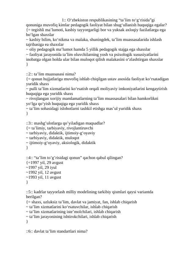 Inklyuziv ta'lim test javobi bilan birga