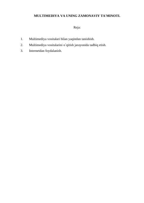 MULTIMEDIYA VA UNING ZAMONAVIY TA'MINOTI
