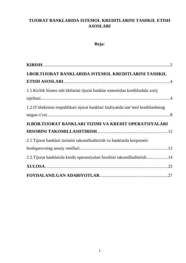 Tijorat banklarida istemol kreditlarini tashkil etish asoslari