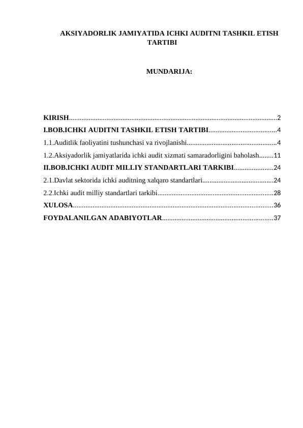 Aksiyadorlik jamiyatida ichki auditni tashkil etish tartibi
