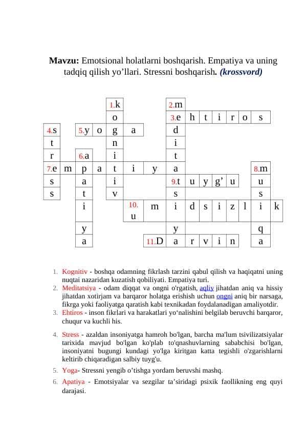 Emotsional holatlarni boshqarish.Stressni boshqarish (Krossvord)