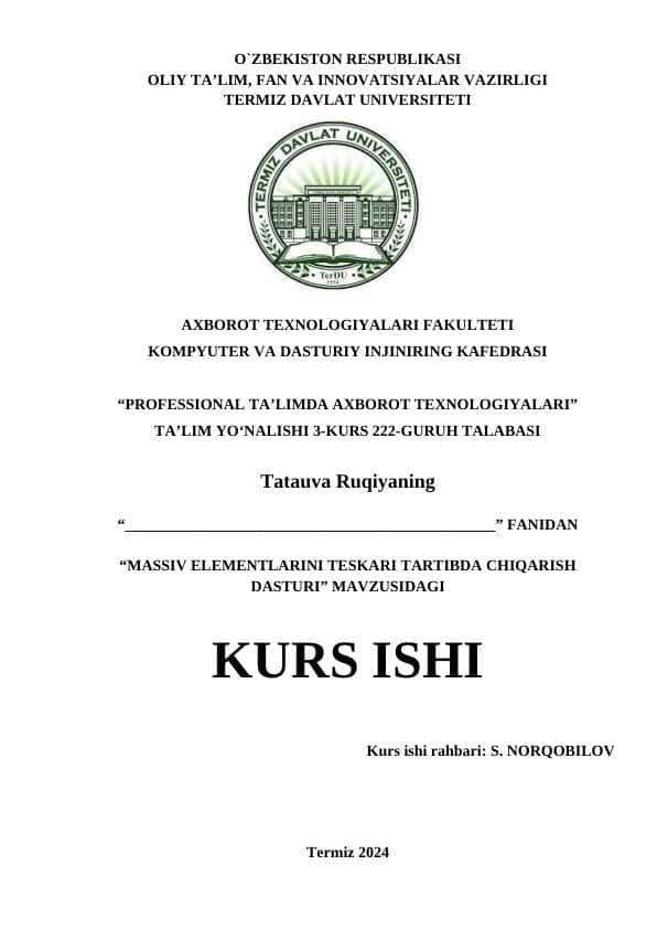 Massiv elementlarini teskari tartibda chiqarish dasturi