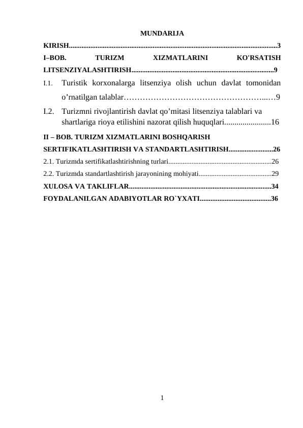 TURIZM XIZMATLARINI KO'RSATISH LITSENZIYALASHTIRISH