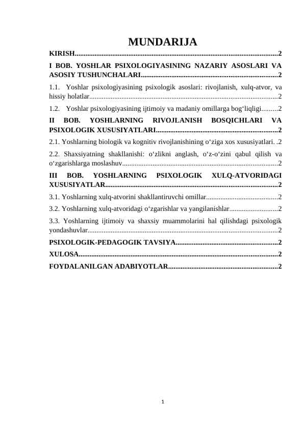 Yoshlar psixologiyasining xususiyatlari
