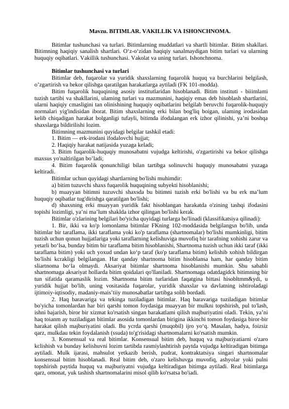 BITIMLAR. VAKILLIK VA ISHONCHNOMA