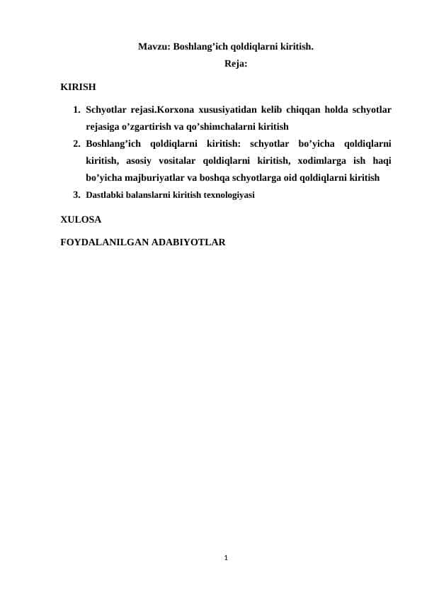 Boshlang’ich qoldiqlarni kiritish