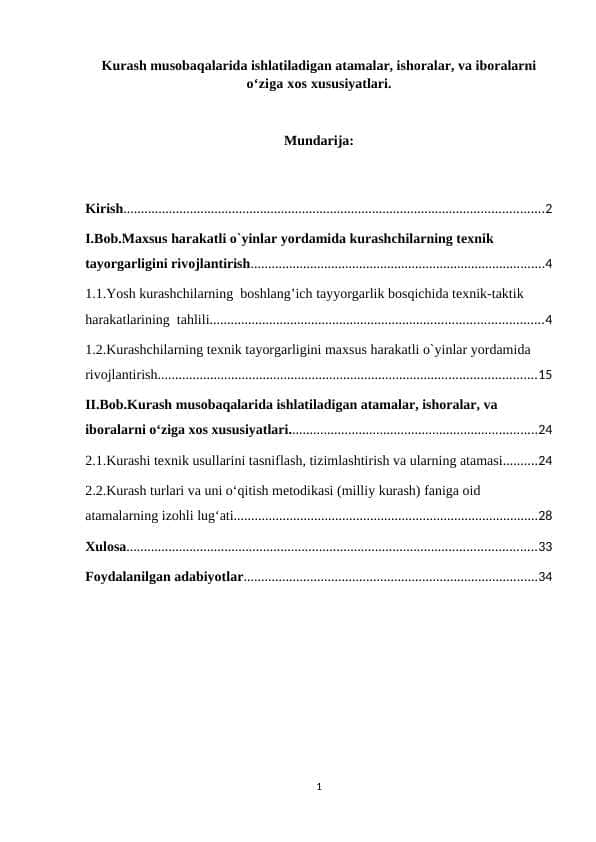 Kurash musobaqalarida ishlatiladigan atamalar, ishoralar, va iboralarni o‘ziga xos xususiyatlari.