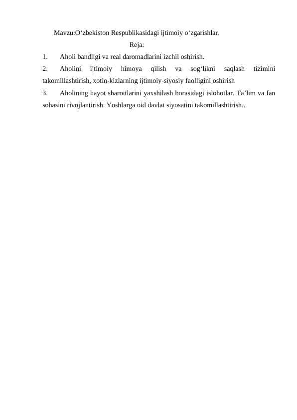 O‘zbekiston Respublikasidagi ijtimoiy o‘zgarishlar.