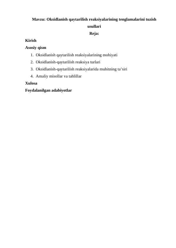 Oksidlanish qaytarilish reaksiyalarining tenglamalarini tuzish usullari