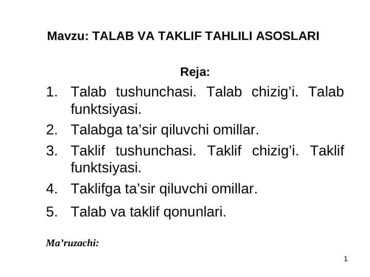 TALAB VA TAKLIF TAHLILI ASOSLARI