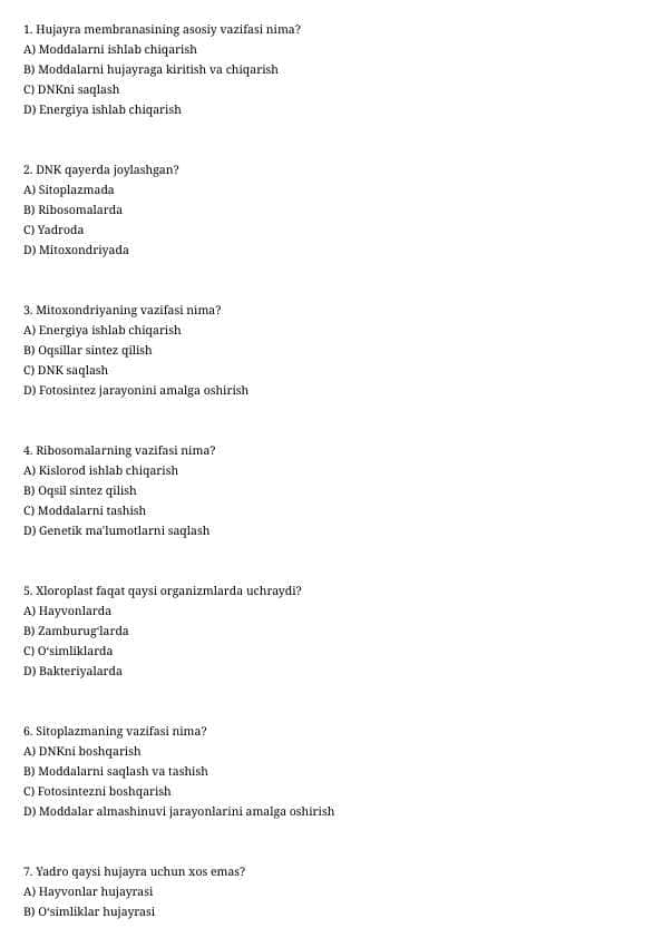 5-sinf biologiya va ekologiya test