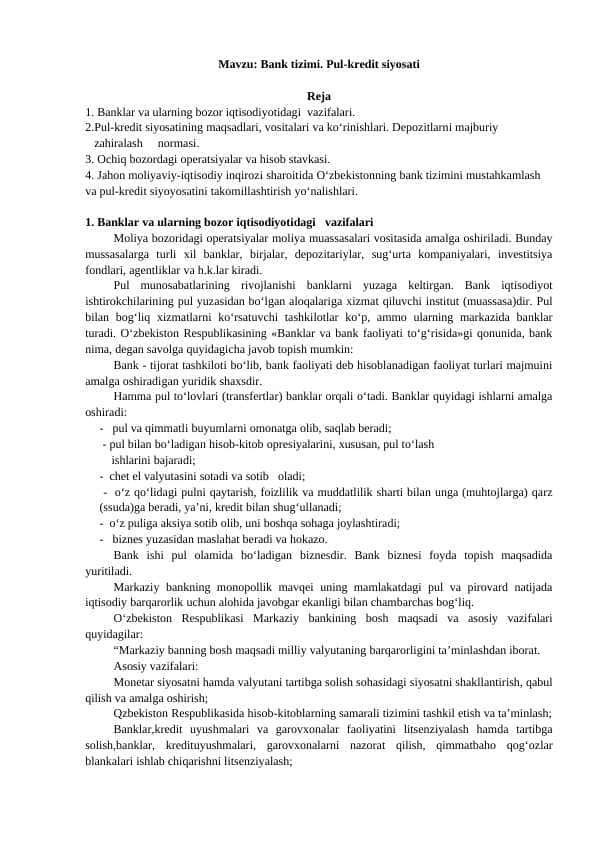 Bank tizimi. Pul-kredit siyosati