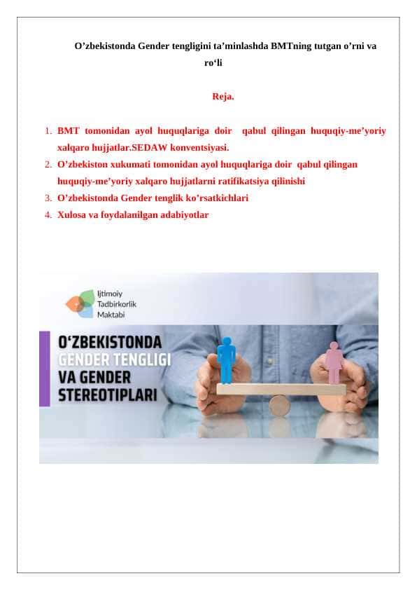 O’zbekistonda Gender tengligini ta’minlashda BMTning tutgan o’rni va ro‘li 23