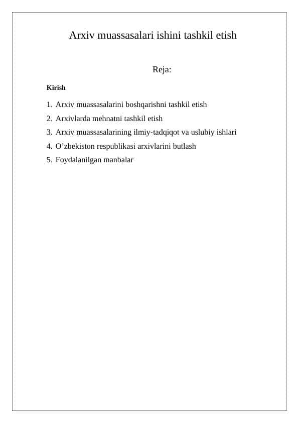 Arxiv muassasalari ishini tashkil etish