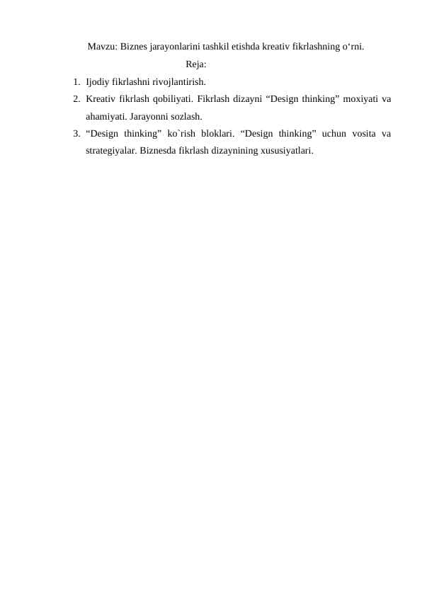 Biznes jarayonlarini tashkil etishda kreativ fikrlashning o‘rni.