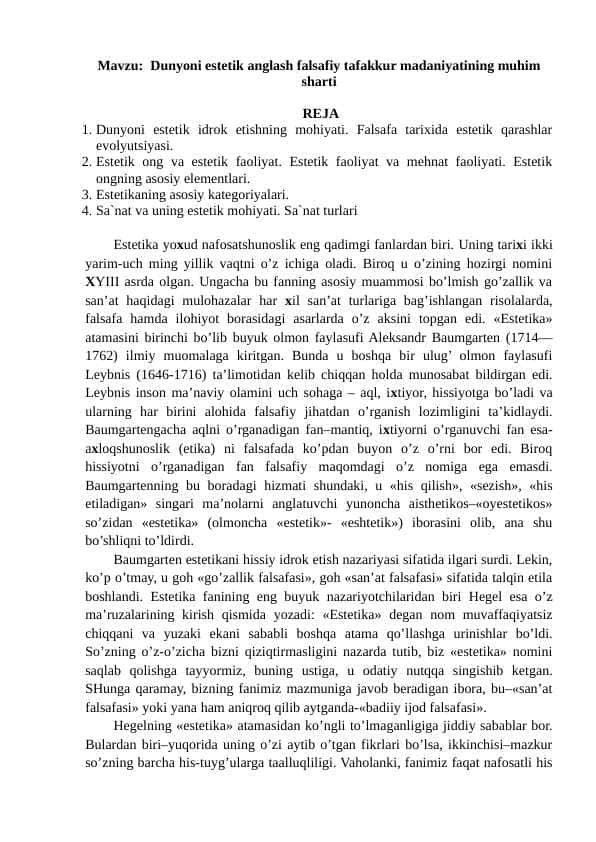 Dunyoni estetik anglash falsafiy tafakkur madaniyatining muhim sharti