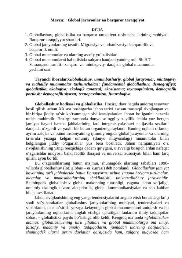 Global jarayonlar ва barqaror taraqqiyot