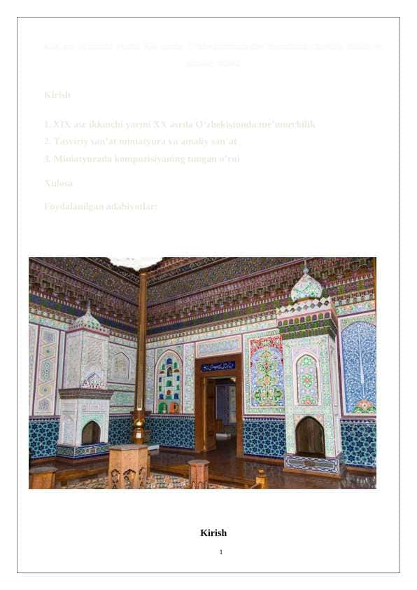 XIX asr ikkinchi yarmi XX asrda O‘zbekistonda me’morchilik, tasviriy san’at miniatyura va amaliy san’at.