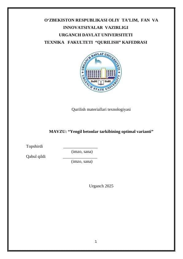 referat.Yengil betonlar tarkibining optimal varianti