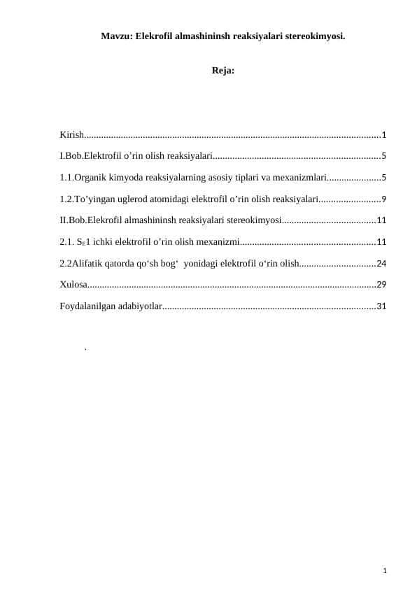 Elekrofil almashininsh reaksiyalari stereokimyosi.