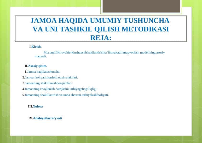 JAMOA HAQIDA UMUMIY TUSHUNCHA VA UNI TASHKIL QILISH METODIKASIJAMOA HAQIDA UMUMIY TUSHUNCHA VA UNI TASHKIL QILISH METODIKASI